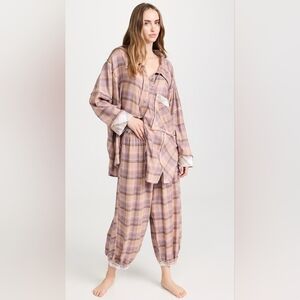 Free People Plaid Pajama Set in Pink and Cream